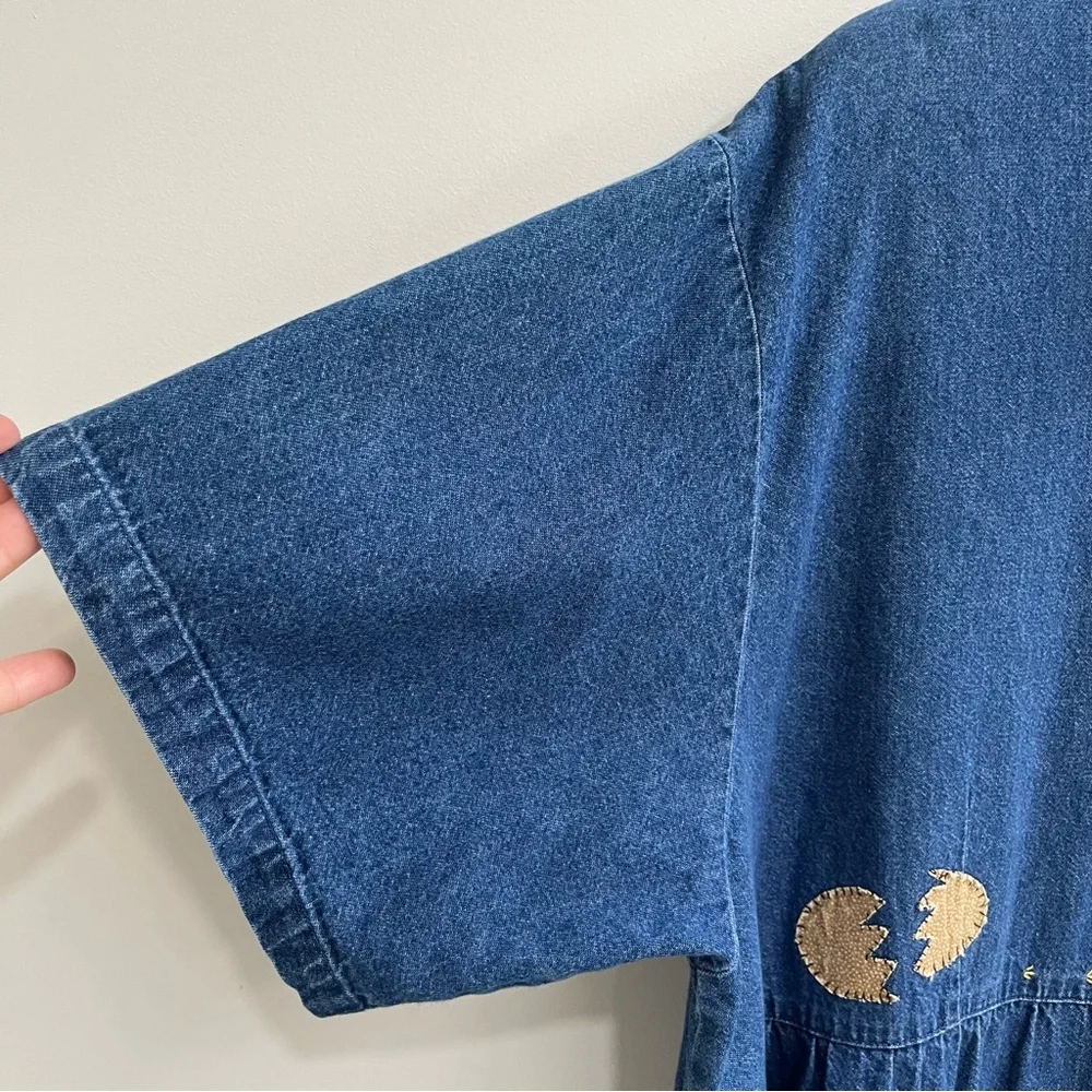 Vintage 90’s denim maxi jumper dress country chicken rooster patchwork appliqués - Picture 10 of 14